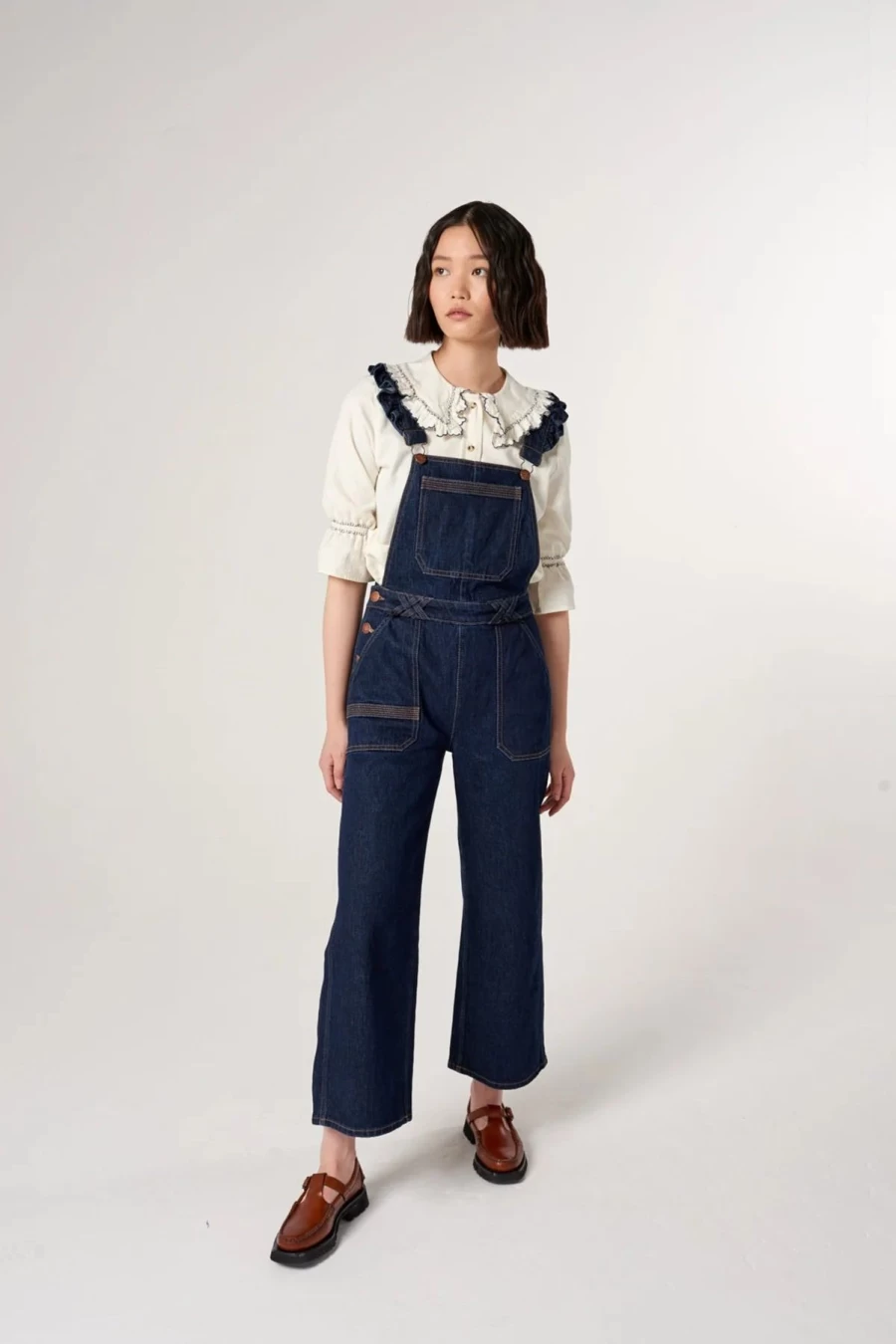 New Seventy + Mochi Elodie Frill Overalls, Dark Denim | Seventy + Mochi