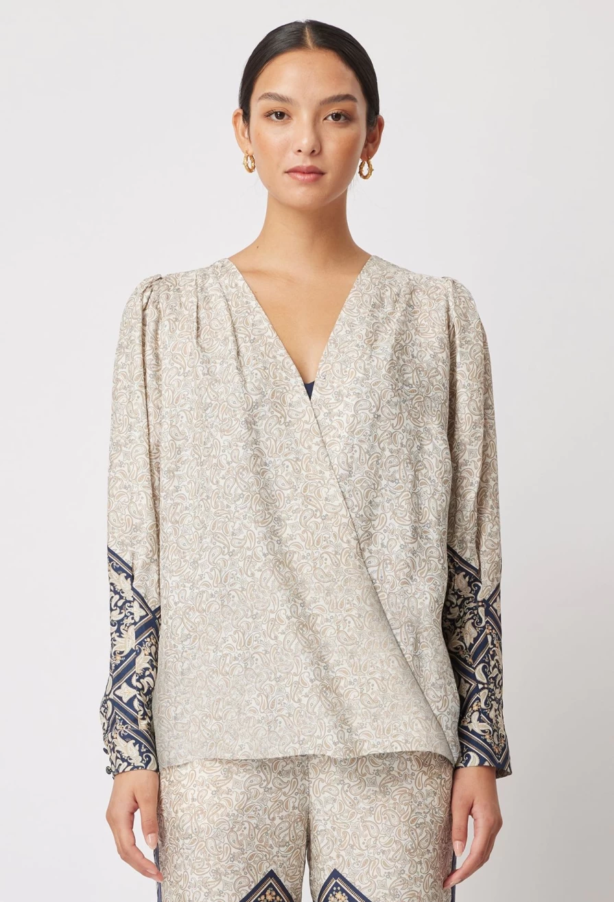 Wholesale Once Was Pleat Long Sleeved Blouse, Blue Noman Mosaic | Once Was