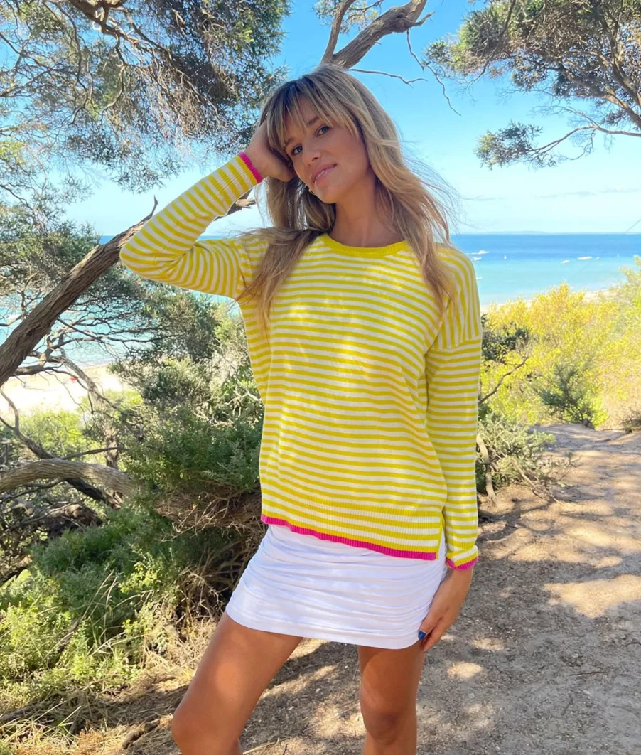 New Sophie Moran Cotton Cashmere Knit, Yellow & White Stripe | Sophie Moran