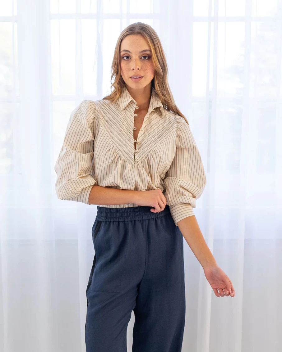 New Arlington Milne Luna Tuxedo Blouse, Beige Stripe | Arlington Milne