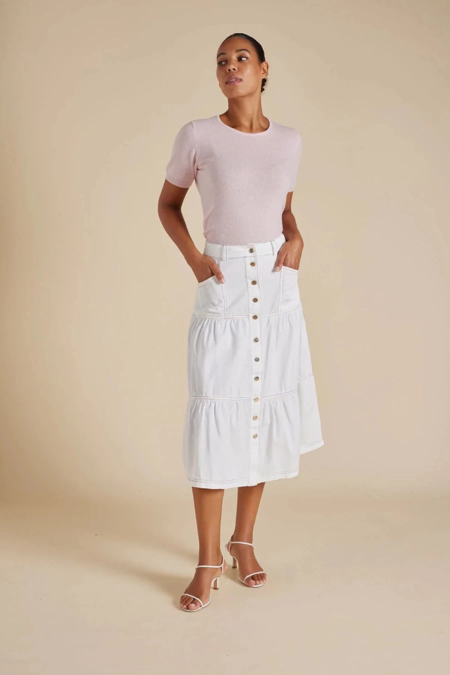 Clearance Alessandra Rainbow Lotus Denim Skirt, White | Alessandra