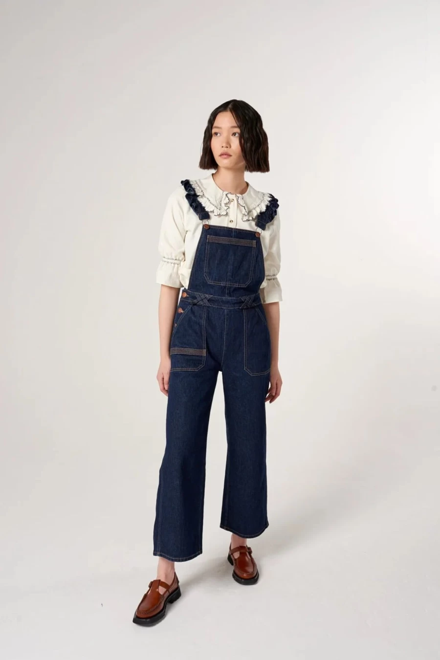 New Seventy + Mochi Elodie Frill Overalls, Dark Denim | Seventy + Mochi