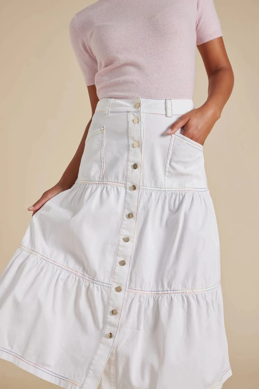 Hot Alessandra Rainbow Lotus Denim Skirt, White | Alessandra